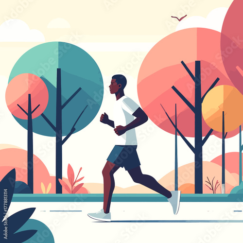 Athletic Man in White Shirt and Blue Shorts Running Outdoors.