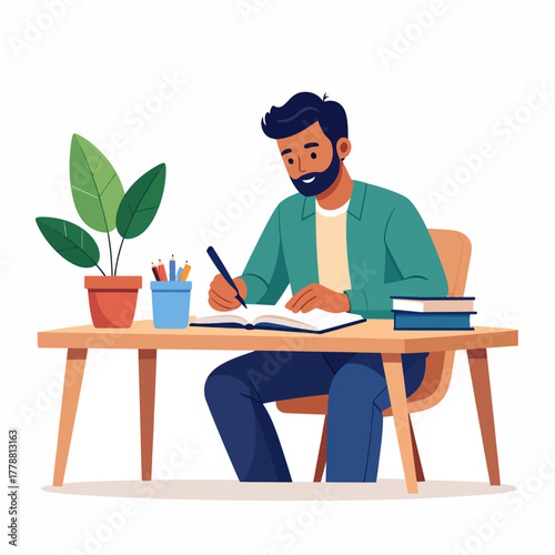 Focused Man Writing in Notebook at Wooden Desk with Pen.