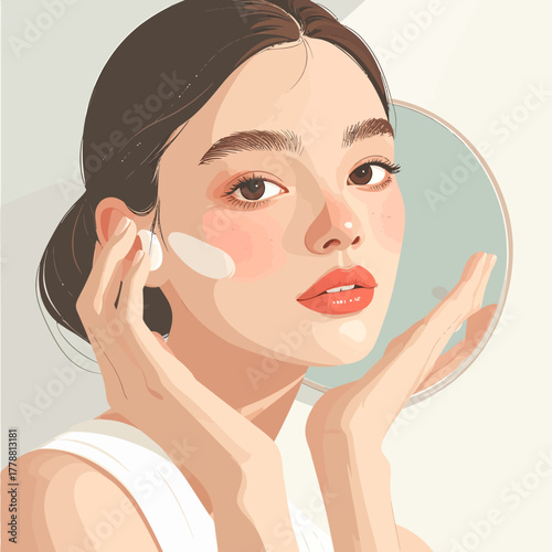 Illustrated young woman applying white facial cream to smooth skin, serene expression, highlighting beauty and self-care.