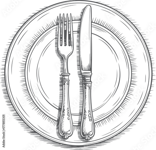 Classic Fork and Knife on a Plate – Elegant Dining Setting Illustration