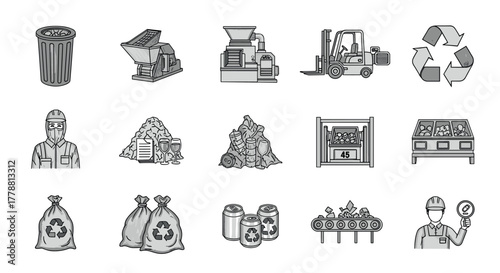 Monochrome icons of recycling process and waste management