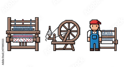 Retro pixel art of traditional weaving and spinning tools