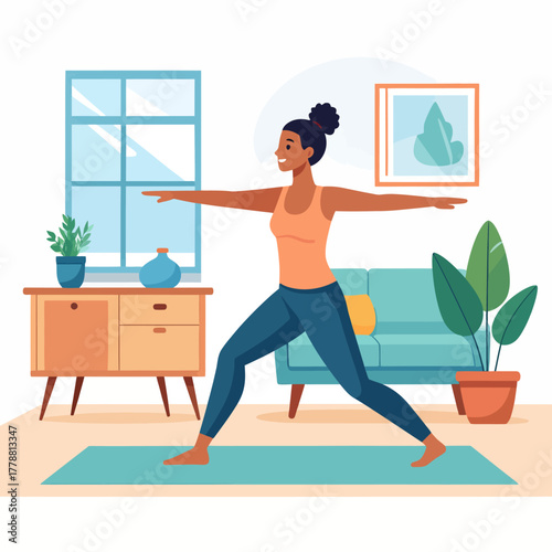 Smiling Black Woman in Yoga Pose, Arms Outstretched, Practicing Indoors on Mat.