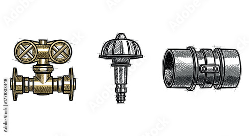 Industrial sketch detailed plumbing components in vintage style