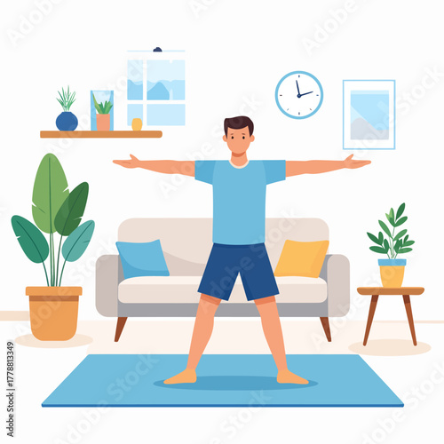 Smiling cartoon man exercising, standing with arms outstretched, wearing blue sportswear, barefoot, flat design illustration.