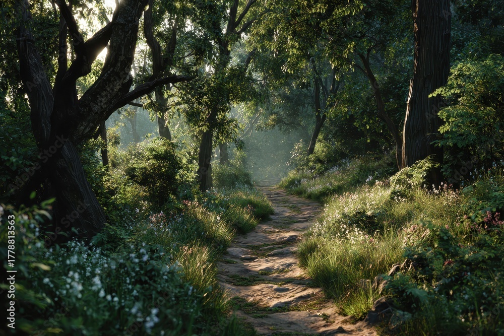 Fototapeta premium Enchanting path leads through a mystical forest filled with lush greenery and soft sunlight filtering through the trees, creating a magical atmosphere in the early morning