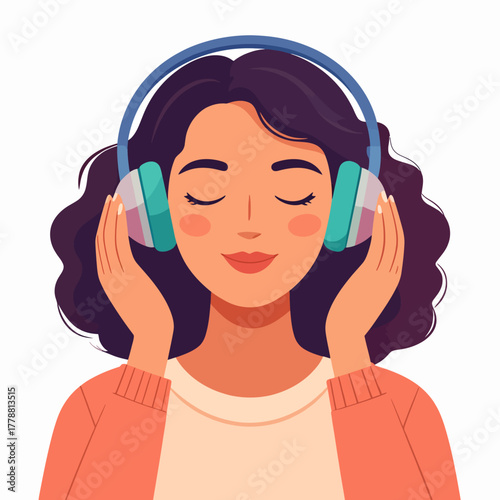 Woman with Headphones - Curly Hair, Eyes Closed, Listening to Music, Relaxing, Serene Expression.