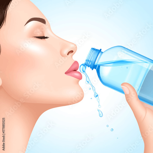 Woman with closed eyes drinking refreshing water from a blue plastic bottle, water spilling.