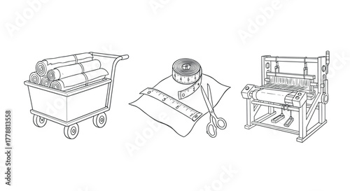 Handdrawn sewing tools carts, tape measure, fabric rollers, machines