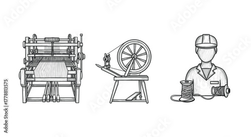 Handdrawn textile tools and worker loom, spinning wheel, factory worker illustration