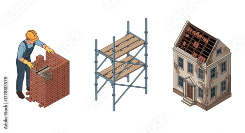 Construction elements brick layer, scaffolding, and house structural design in isometric art