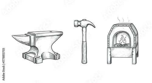 Hand drawn blacksmith tools with anvil, hammer, and forge on white background