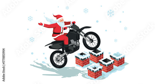 Santa claus biking adventure festive motorcycle ride over chimneys and snowflakes