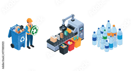 Recycling process with workers and machinery in isometric style
