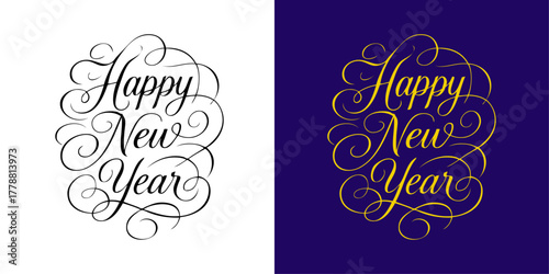 Logo de Navidad. Grupo de mensajes Happy New Year con florituras de adorno para tarjetas y felicitaciones