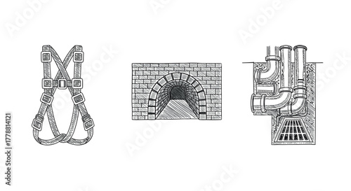 Hand drawn sketch of climbing harness, brick tunnel, industrial pipes on white background