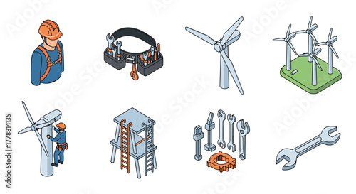 Isometric wind energy and tools set featuring engineers and turbines