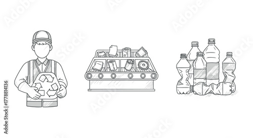 Sketch style recycling process with worker and plastic bottles