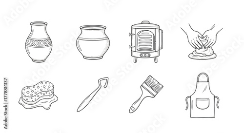 Pottery and baking tools handdrawn elements of ceramics and cooking essentials