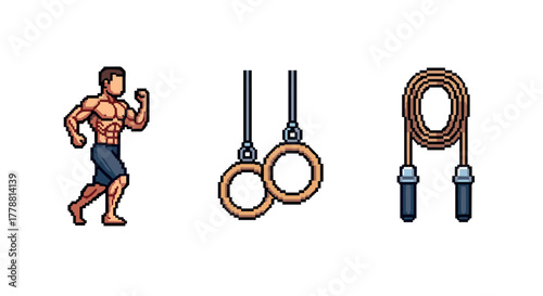 Pixel art fitness icons muscular athlete, gymnastic rings, jump rope for exercise enthusiasts