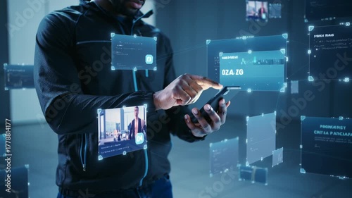 Man using smartphone to interact with floating digital interface screens in a modern tech environment, futuristic mobile ui and data dashboard concept for innovation and productivity