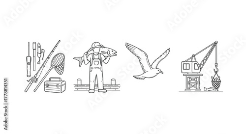 Fisherman scene with gear, bird, and crane in linear design