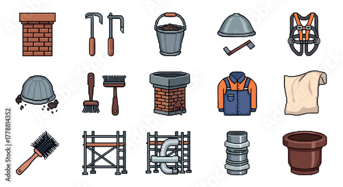 Pixel art construction tools and gear icons helmets, safety equipment, scaffolding, buckets, overalls