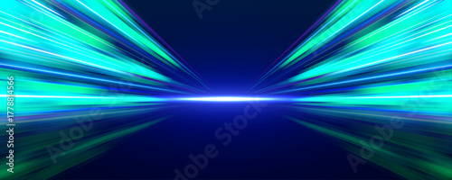 Neon beams shoot across a dark canvas, forming loops and swirls. Motion blur adds depth and dynamic energy. Ideal for futuristic tech art and visuals. 