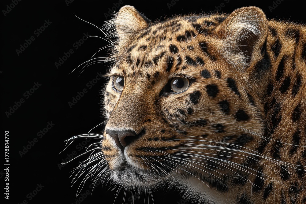 Fototapeta premium Majestic amur leopard portrait showcasing stunning features on a rich black background in natural light