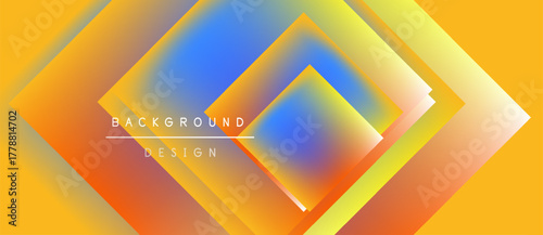 Abstract geometric design. Overlapping diamond shapes create vibrant color gradients. Yellow, orange, blue hues dominate composition. Modern aesthetic.