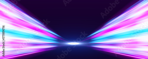 Futuristic light trails weave in dynamic patterns across a black background. Neon glow enhances depth and intensity. Perfect for tech, cyber, or speed-themed visuals. 