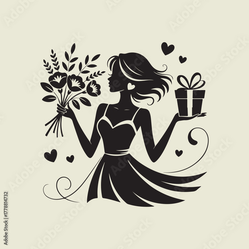 Silhouette of a woman holding a bouquet and a gift