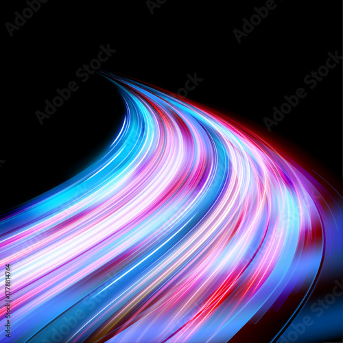 Vivid neon swirls spin in dynamic motion across a dark background. Bright streaks suggest futuristic speed and technology. Perfect for posters, wallpapers, or banners.