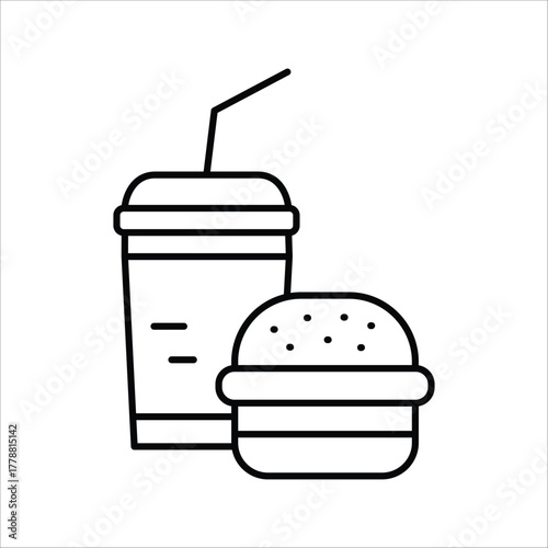 Line art icon showing a classic fast food combo, featuring a hamburger and a beverage in a cup with a straw. Ideal for menus, apps, and quick meal promotions