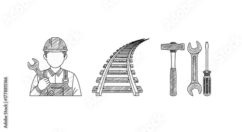 Sketch style railway worker and tools on white background