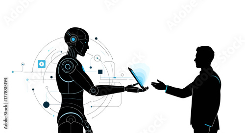 Futuristic collaboration concept with a human and robot exchanging technology on a tablet, representing innovation and the future of business solutions
