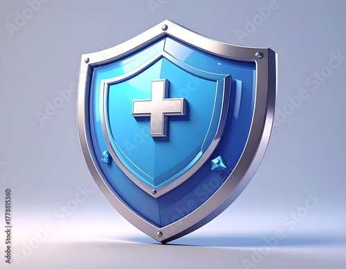 A glossy blue shield with a medical cross and silver trim