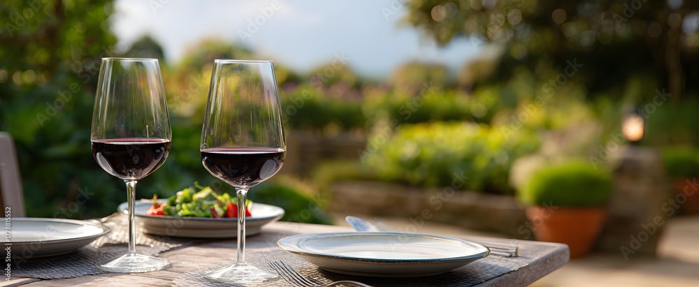 Fototapeta premium Outdoor terrace vineyard lunch set featuring plates and wine glasses.