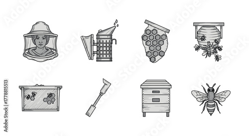 Beehive and beekeeping tools set in hand drawn style for apiculture enthusiasts