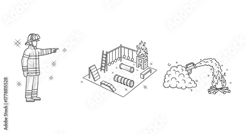 Firefighter guiding training scenario with active fire and safety equipment in linear style