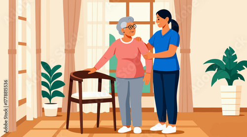 Adobe IllCaring female caregiver assisting elderly woman with gray hair in a cozy living room, featuring a wooden chair, plants, and warm sunlight, illustrating compassion and support ustrator Artwork