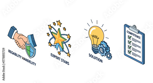 Business solutions and growth icons featuring handshake, stars, lightbulb, and checklist
