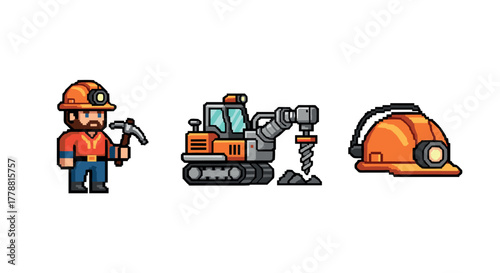 Retro pixel miner with equipment and helmet in classic video game style