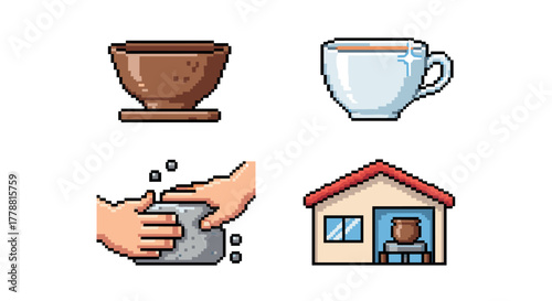 Pixel art pottery and coffee set crafting, ceramics, and cafe icons