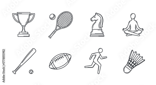 Set of linear sports icons featuring golf, tennis, yoga, and more activities