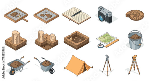 Isometric archaeology tools and excavation equipment collection