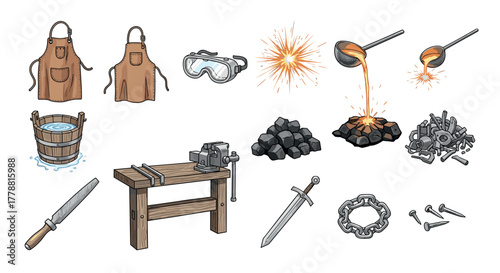 Traditional blacksmithing tools and forge elements in handdrawn style