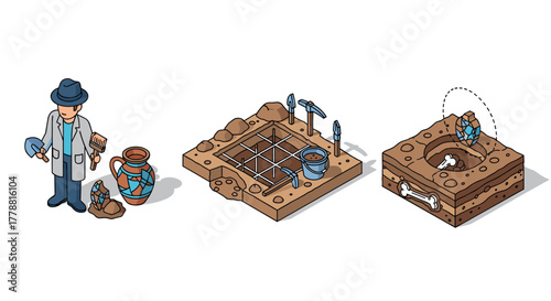 Archaeologist discovering ancient artifacts with isometric digging site and fossil excavation