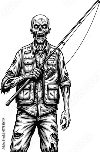 Zombie fisherman vector illustration, undead angler in tattered vest, horror character fishing, creepy skeleton outdoors, surreal macabre scene, black and white drawing