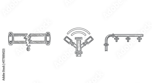 Hand drawn industrial plumbing icons for leak detection and pipe systems